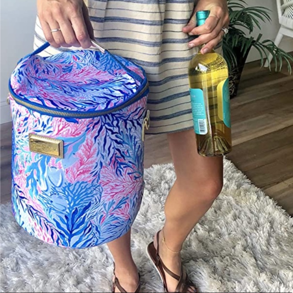 Lilly Pulitzer Cooler Bag Wine Carrier Coastal Coral Blue Pink Beach Picnic NWT - Picture 6 of 7